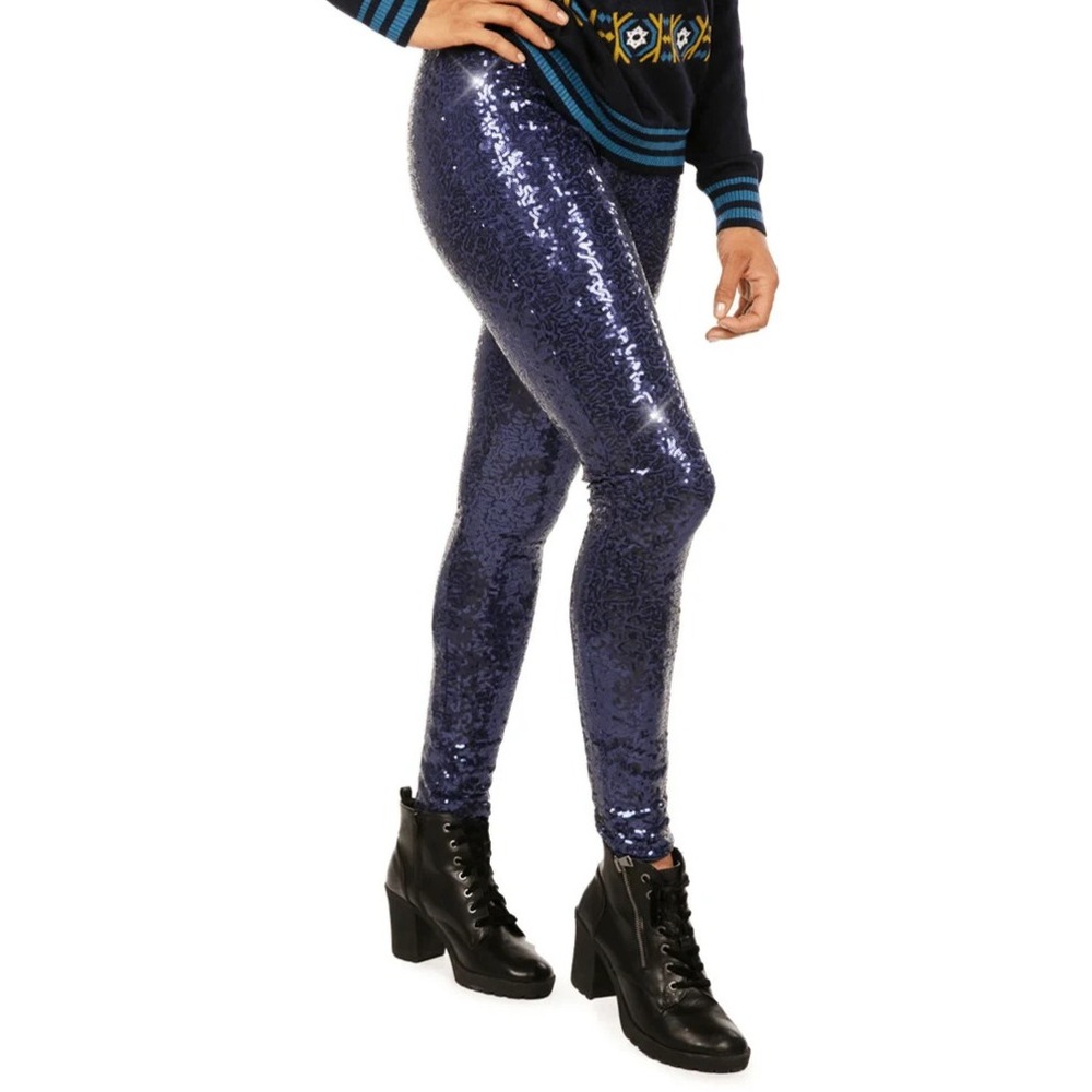 TIPSY ELVES BLUE SEQUIN HIGH WAIST LEGGINGS - Women's Size Medium -LINED - NEW!!